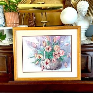 Vtg 1985 Tulip Embroidered Cross Stitch Barbara Mock Signed Floral Print Frame